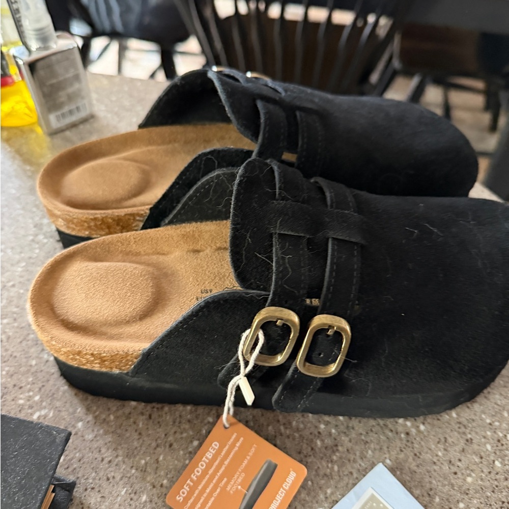Black Suede Women's Loafers with Gold Buckles